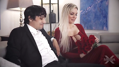 Blonde milf shows off her step son's friend